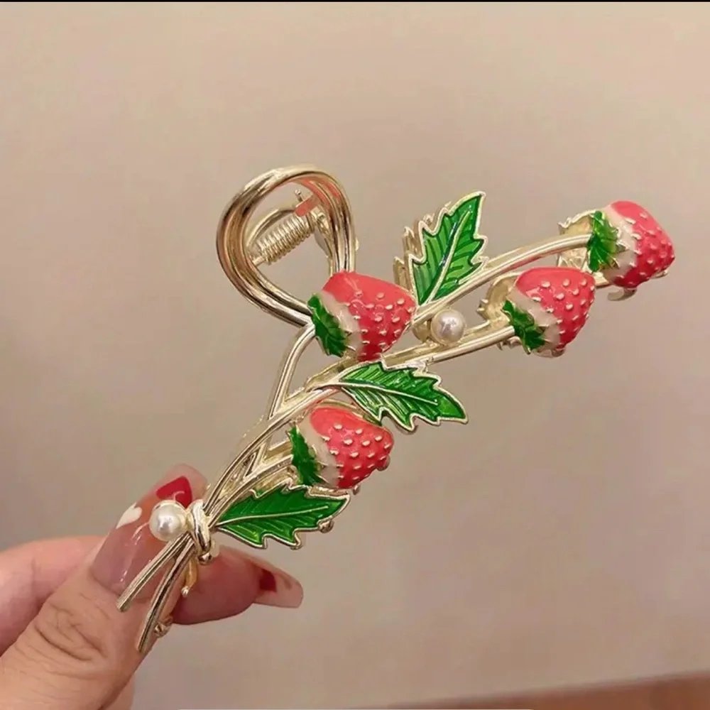 Strawberry Hair Clip Pink Enameled And Pearls Clip Gold Tone Metal